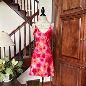 Delicates Vintage Floral Pink and Orange Rose Mini Slip Dress Nightgown Lingerie